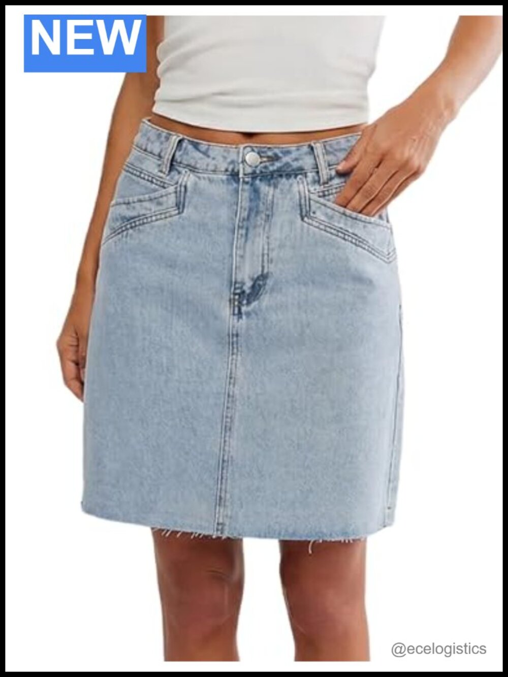 High Waisted Raw Hem Denim Skirt with Pockets Casual Knee Length Jean Skirt
